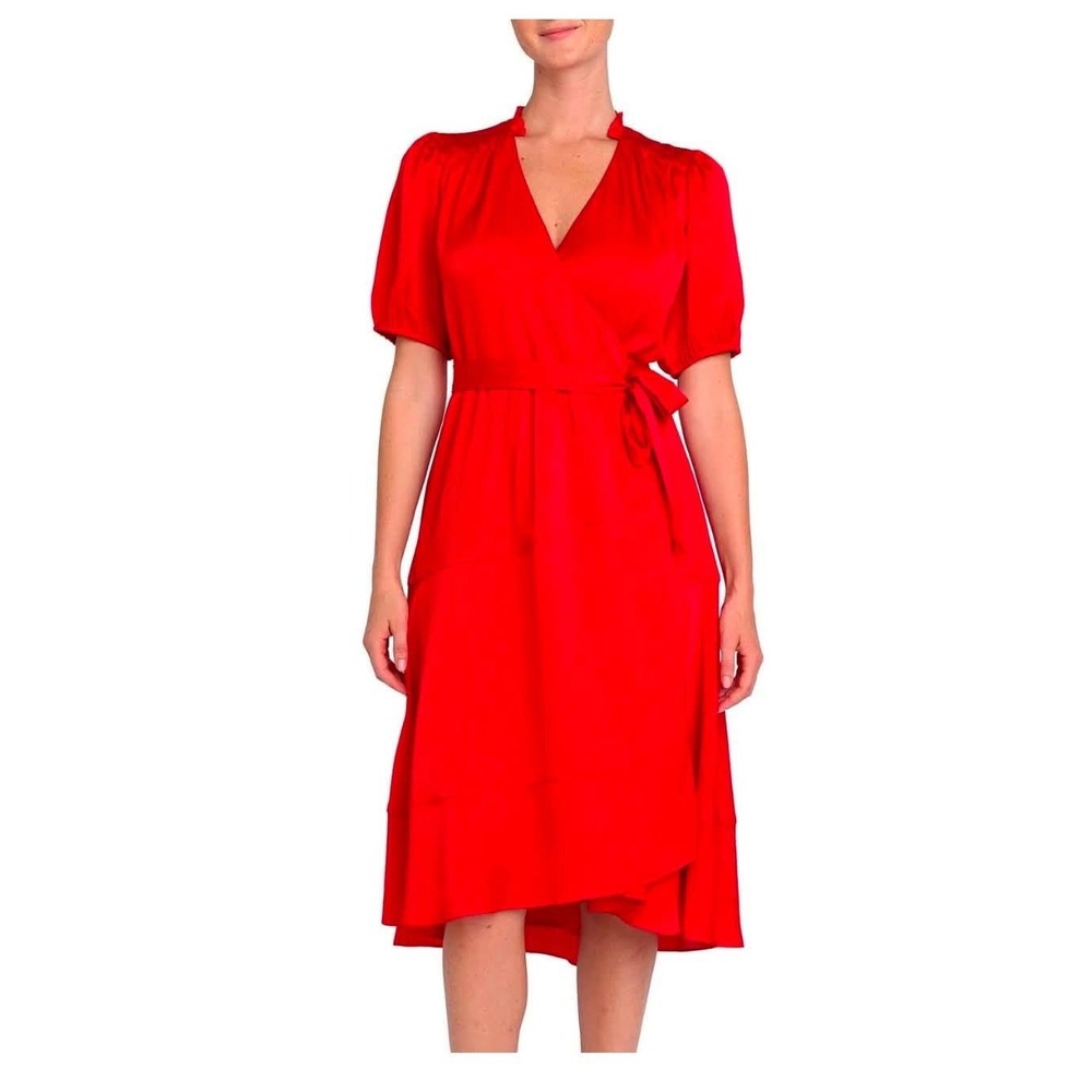 Draper James Red Ruffle Neck Wrap Dress Short Puff Sleeve Midi Small NWT